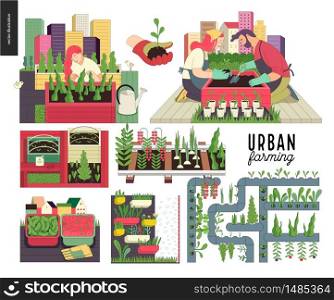 Urban farming, gardening or agriculture set. Planting, harvest, wooden seedbeds, planting on rails, vertical farming and hydroponics. Urban farming and gardening set