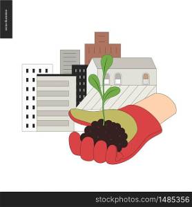 Urban farming, gardening or agriculture. Sign logo - a hand wearing gauntlet holding a sprout, with city buildings on the background. Urban farming and gardening sign