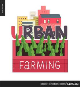 Urban farming, gardening or agriculture sign logo. A wooden seedbed with leaves of salad, a house on the background. Urban farming and gardening logo