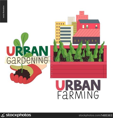 Urban farming, gardening or agriculture sign logo. A wooden seedbed with leaves of salad, a house on the background. A hand wearing gauntlet holding a sprout,. Urban farming and gardening logos