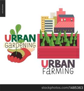 Urban farming, gardening or agriculture sign logo. A wooden seedbed with leaves of salad, a house on the background. A hand wearing gauntlet holding a sprout,. Urban farming and gardening logos