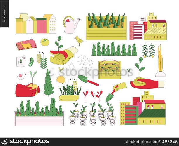 Urban farming, gardening or agriculture. Tools, the greens, vegetables, houses and seedbeds set. Urban farming and gardening elements