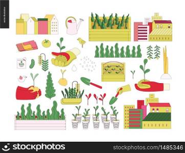 Urban farming, gardening or agriculture. Tools, the greens, vegetables, houses and seedbeds set. Urban farming and gardening elements