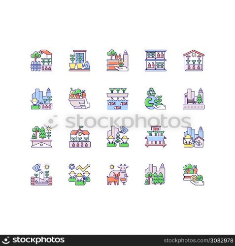 Urban farming RGB color icons set. Backyard garden. Environmental improvement. Street landscaping. Green roof. Vertical farm. Greenhouse vegetable cultivation. Isolated vector illustrations. Urban farming RGB color icons set