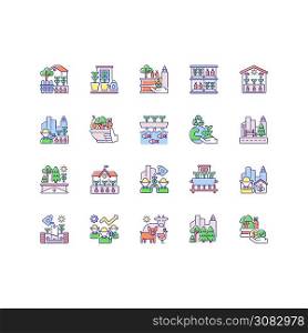 Urban farming RGB color icons set. Backyard garden. Environmental improvement. Street landscaping. Green roof. Vertical farm. Greenhouse vegetable cultivation. Isolated vector illustrations. Urban farming RGB color icons set