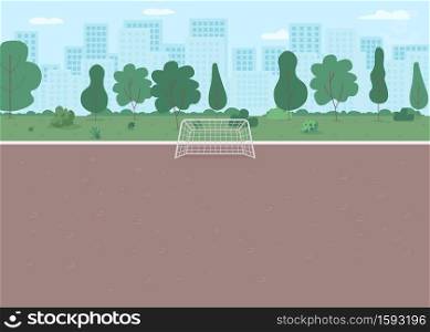 Urban field for sport game flat color vector illustration. Park court for activity. Public place for outdoor hockey. City environment 2D cartoon landscape with skyline on background. Urban field for sport game flat color vector illustration