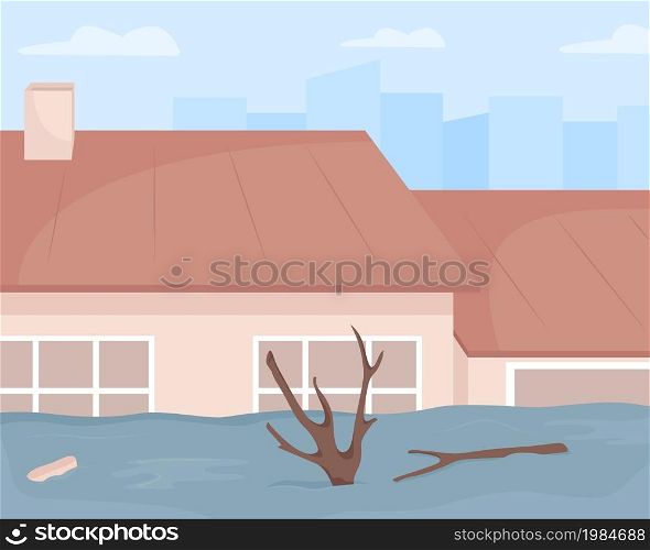 Urban flood disaster flat color vector illustration. Damage to buildings and nature. Raise water levels. Heavy precipitation impact. Overland flooding 2D cartoon cityscape with houses on background. Urban flood disaster flat color vector illustration