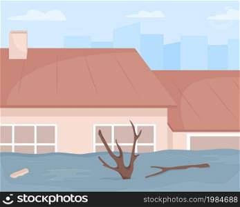 Urban flood disaster flat color vector illustration. Damage to buildings and nature. Raise water levels. Heavy precipitation impact. Overland flooding 2D cartoon cityscape with houses on background. Urban flood disaster flat color vector illustration