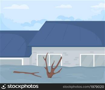 Urban flooding flat color vector illustration. Local heavy rainfall hazard. Natural disaster. Extreme weather condition. Surrounding by water 2D cartoon cityscape with buildings on background. Urban flooding flat color vector illustration