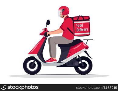 Urban food delivery semi flat RGB color vector illustration. Cafe service worker with order on motorbike. Caucasian male courier in red uniform isolated cartoon character on white background. Urban food delivery semi flat RGB color vector illustration