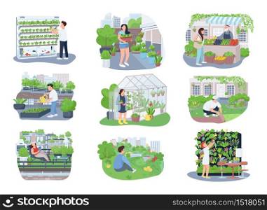 Urban gardening 2D vector web banners, posters set. Gardeners, horticulturists flat characters on cartoon background. Agriculture, plants cultivation printable patches, colorful web elements