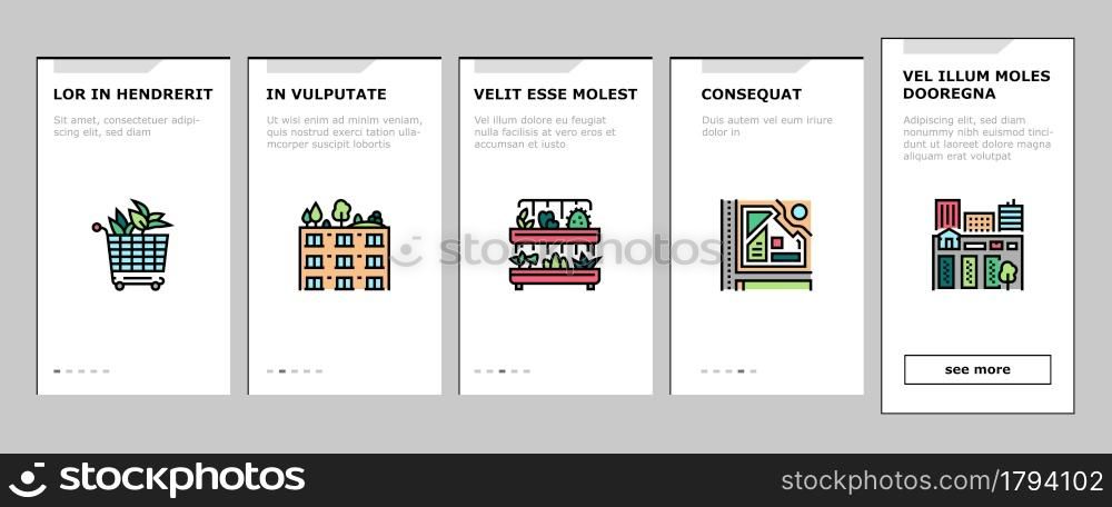 Urban Gardening Eco Onboarding Mobile App Page Screen Vector. City Gardening On Roof And Garden, Growing Plant On Building Wall And Window Sill Flower Illustrations. Urban Gardening Eco Onboarding Icons Set Vector