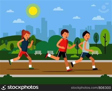 Urban green park landscape with running peoples. Vector jogging and running, people outdoor healthy active illustration. Urban green park landscape with running peoples