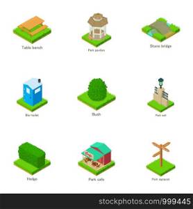 Urban greenery icons set. Isometric set of 9 urban greenery vector icons for web isolated on white background. Urban greenery icons set, isometric style