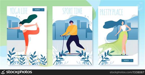 Urban Healthy Lifestyle Flat Cartoon Cards Set. Yoga Life, Sport Time and Pretty Place Lettering Posters with Man and Woman. Sporty and Healthy Lifestyle. Rest and Recreation Vector Illustration. Urban Healthy Lifestyle Flat Cartoon Cards Set