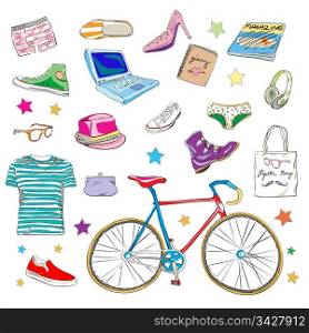 urban hipster accessories, smart colored doodles isolated on white