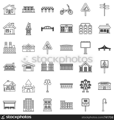 Urban icons set. Outline style of 36 urban vector icons for web isolated on white background. Urban icons set, outline style