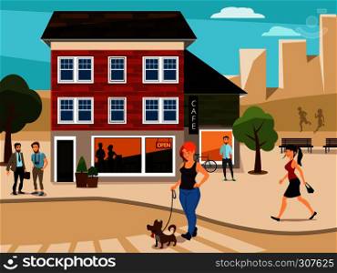 Urban illustration with walking people on the street. Road and buildings. Vector city street with building cafe and people man and woman. Urban illustration with walking people on the street. Road and buildings. Vector picture
