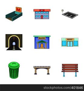 Urban infrastructure icons set. Cartoon illustration of 9 urban infrastructure vector icons for web. Urban infrastructure icons set, cartoon style