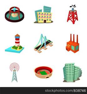 Urban infrastructure icons set. Cartoon set of 9 urban infrastructure vector icons for web isolated on white background. Urban infrastructure icons set, cartoon style