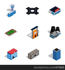 Urban infrastructure icons set. Isometric 3d illustration of 9 urban infrastructure vector icons for web. Urban infrastructure icons, isometric 3d style