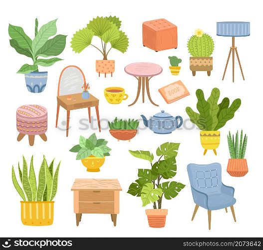 Urban jungle collection. Home indoor plants, succulent stickers and furniture. House living room interior, modern cozy vector elements. Illustration plant home, succulent cactus, flowerpot botanical. Urban jungle collection. Home indoor plants, succulent stickers and furniture. House living room interior elements, modern cozy exact vector elements