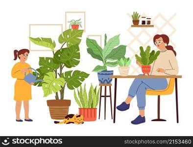 Urban jungle. Gardening mother daughter, girl watering woman planting. Plants in pots, scandinavian home garden vector concept. People gardening and flowerbed, woman and chid illustration. Urban jungle. Gardening mother daughter, girl watering woman planting. Plants in pots, scandinavian home garden vector concept