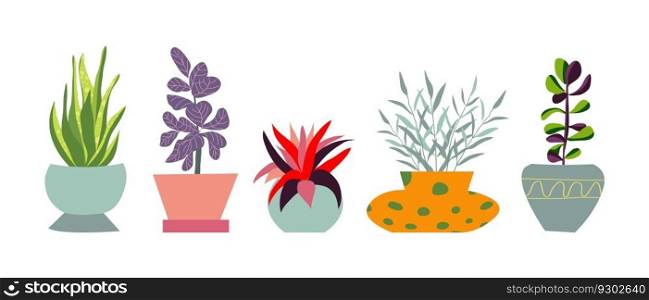Urban jungle, trendy home decor with plants, tropical leaves in stylish planters and pots. Cartoon style. Vector illustration. Urban jungle, trendy home decor with plants, tropical leaves in stylish planters and pots. Cartoon style