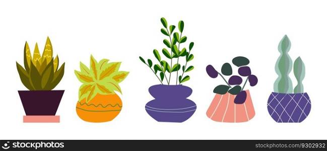 Urban jungle, trendy home decor with plants, tropical leaves in stylish planters and pots. Cartoon style. Vector illustration. Urban jungle, trendy home decor with plants, tropical leaves in stylish planters and pots. Cartoon style
