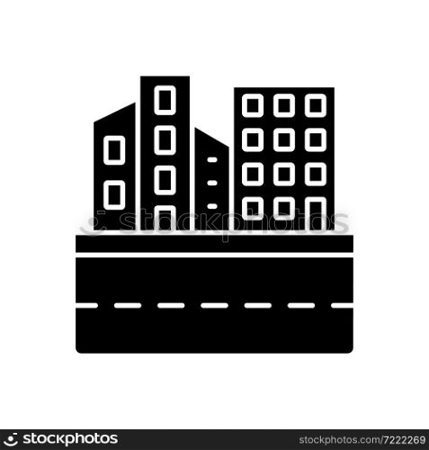 Urban land black glyph icon. Towns and cities. Dwelling and industrial area. Human habitat. Artificial landform. Buildings landscape. Silhouette symbol on white space. Vector isolated illustration. Urban land black glyph icon