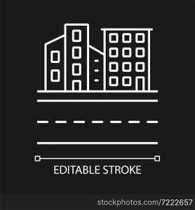 Urban land white linear icon for dark theme. Towns and cities. Dwelling area. Buildings landscape. Thin line customizable illustration. Isolated vector contour symbol for night mode. Editable stroke. Urban land white linear icon for dark theme