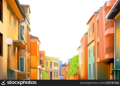 Urban landscape, a typical residential street of the provincial town, vector illustration, cozy houses in the background, beautiful city views in a lovely sunny day