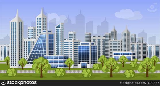 Urban landscape background. Modern eco city street with business office buildings, houses and skyscrapers. Spring trees and bushes, cityscape for cartoon or game, . Flat style, vector illustration