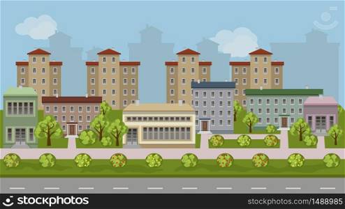 Urban landscape cartoon background. Vector city scene with modern houses and shop buildings along a street, green trees and bushes, walks and road. Flat design style cityscape, vector illustration