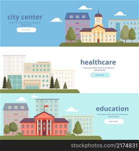 Urban landscape. City infrastructure big and small towns municipal building architectural government hospital offices. Vector municipality architecture building, government administration illustration. Urban landscape banners. City infrastructure big and small towns municipal buildings architectural objects government supermarkets hospital offices nowaday vector colored template