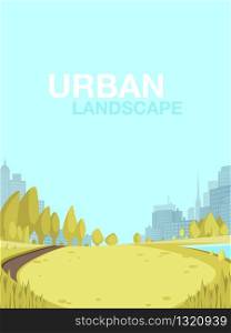 Urban Landscape City Park Center Big Metropolis. Place to Relax Family Weekend, Holiday. Morning Fitness Workout Outdoor. Small Green Corner Large Modern City. Building Silhouette