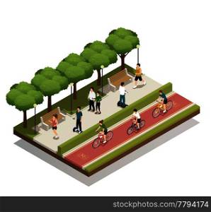Urban landscape composition with people in city park riding personal eco green transport isometric vector illustration . Urban Composition With Eco Transport