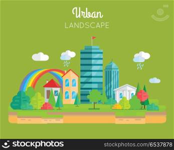 Urban landscape conceptual vector in flat design. Variety city buildings skyscraper, cottage, house, with trees, brunches and rainbow. Illustration for real estate, greening, weather concepts. . Urban Landscape Vector Concept In Flat Design.. Urban Landscape Vector Concept In Flat Design.