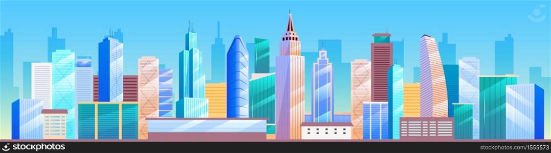 Urban landscape flat color vector illustration. City skyline. Metropolis 2D cartoon cityscape with skyscrapers on background. Business district architecture, downtown panorama with tall buildings. Urban landscape flat color vector illustration