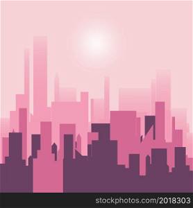 Urban landscape in a flat style. Silhouette of city buildings, vector background. Architecture of a modern city. Pink color. Vector illustration of the city in the daytime.. Urban landscape in a flat style.Silhouette of city