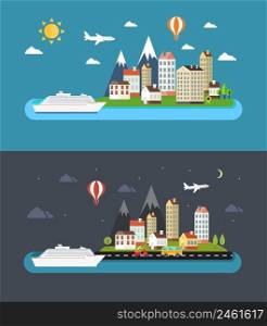 Urban landscape in flat style. City by day and night vector illustration