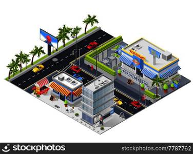 Urban landscape isometric composition with street restaurant building and small cafe for snack isometric vector illustration . Isometric Urban Landscape With Street Restaurant