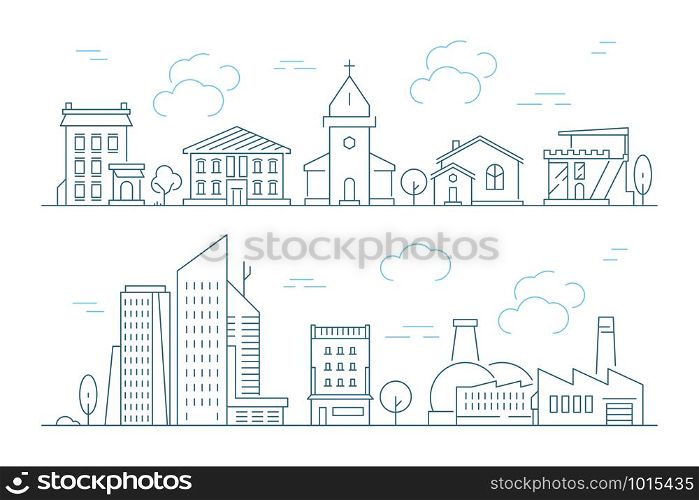 Urban landscape linear. Small town with buildings city houses exterior vector thin line pictures. Illustration of urban building linear, street landscape contour. Urban landscape linear. Small town with buildings city houses exterior vector thin line pictures
