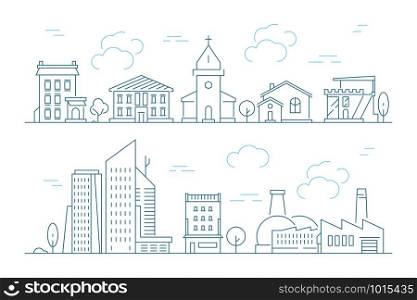 Urban landscape linear. Small town with buildings city houses exterior vector thin line pictures. Illustration of urban building linear, street landscape contour. Urban landscape linear. Small town with buildings city houses exterior vector thin line pictures