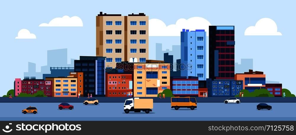 Urban landscape. Modern cartoon cityscape with buildings cars and street, flat urban downtown background. Vector illustration city scene with color residential panoramic view on downtown. Urban landscape. Modern cartoon cityscape with buildings cars and street, flat urban downtown background. Vector city scene