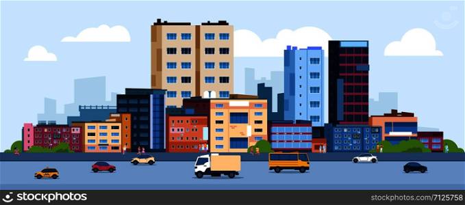 Urban landscape. Modern cartoon cityscape with buildings cars and street, flat urban downtown background. Vector illustration city scene with color residential panoramic view on downtown. Urban landscape. Modern cartoon cityscape with buildings cars and street, flat urban downtown background. Vector city scene