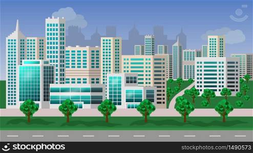 Urban landscape- modern city with skyscrapers, business center, office buildings, summer park, avenue. panoramic Background for eco or smart city concept, cartoon. Flat style, vector illustration