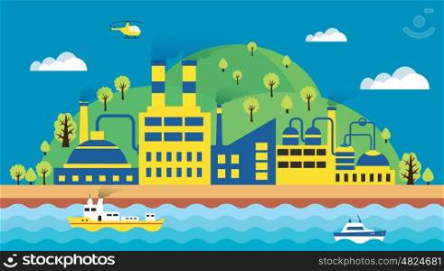 Urban landscape of the city. Urban landscape of the city. Ecology, environmental protection the production, factory, pollution, smoke, building. The sea with merchant ships and waves. Vector illustration flat