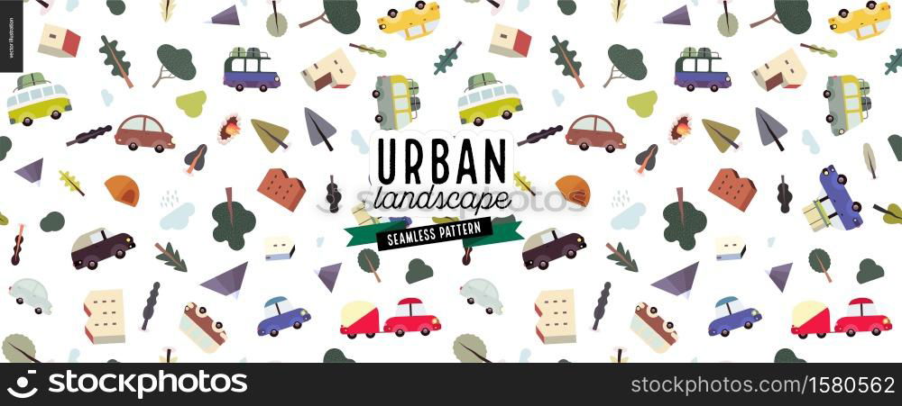 Urban landscape seamless pattern - city and park landscape elements - houses, trees, cars. Travel to tourist camp.. Urban landscape seamless pattern