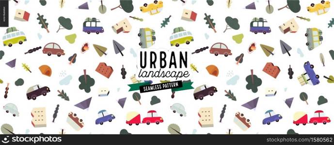 Urban landscape seamless pattern - city and park landscape elements - houses, trees, cars. Travel to tourist camp.. Urban landscape seamless pattern
